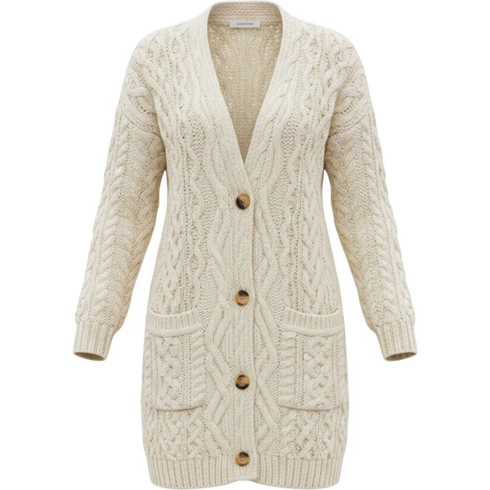 Aran Crafts Womens 100% Merino Wool Cream Longline XL Boyfriend Cardigan QVC